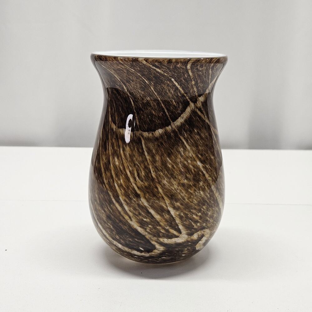 Vtg MURANO STYLE GLASS 6.5" VASE Speckled Gold & Brown White Stripes Earthy